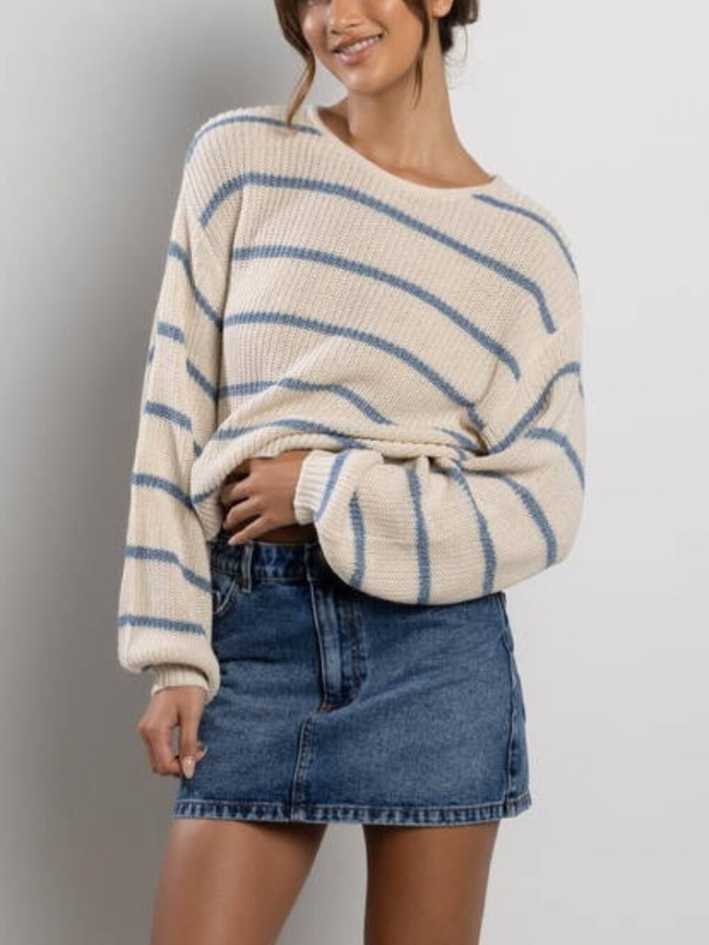 Billabong Striped Knit Crewneck Sweater Jumper - Cream/Blue - Size Medium